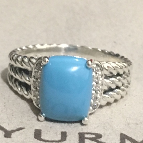 David Yurman Petite Wheaton 8x10mm Turquoise Sterling Silver  & Diamonds Size 6 - Picture 5 of 7